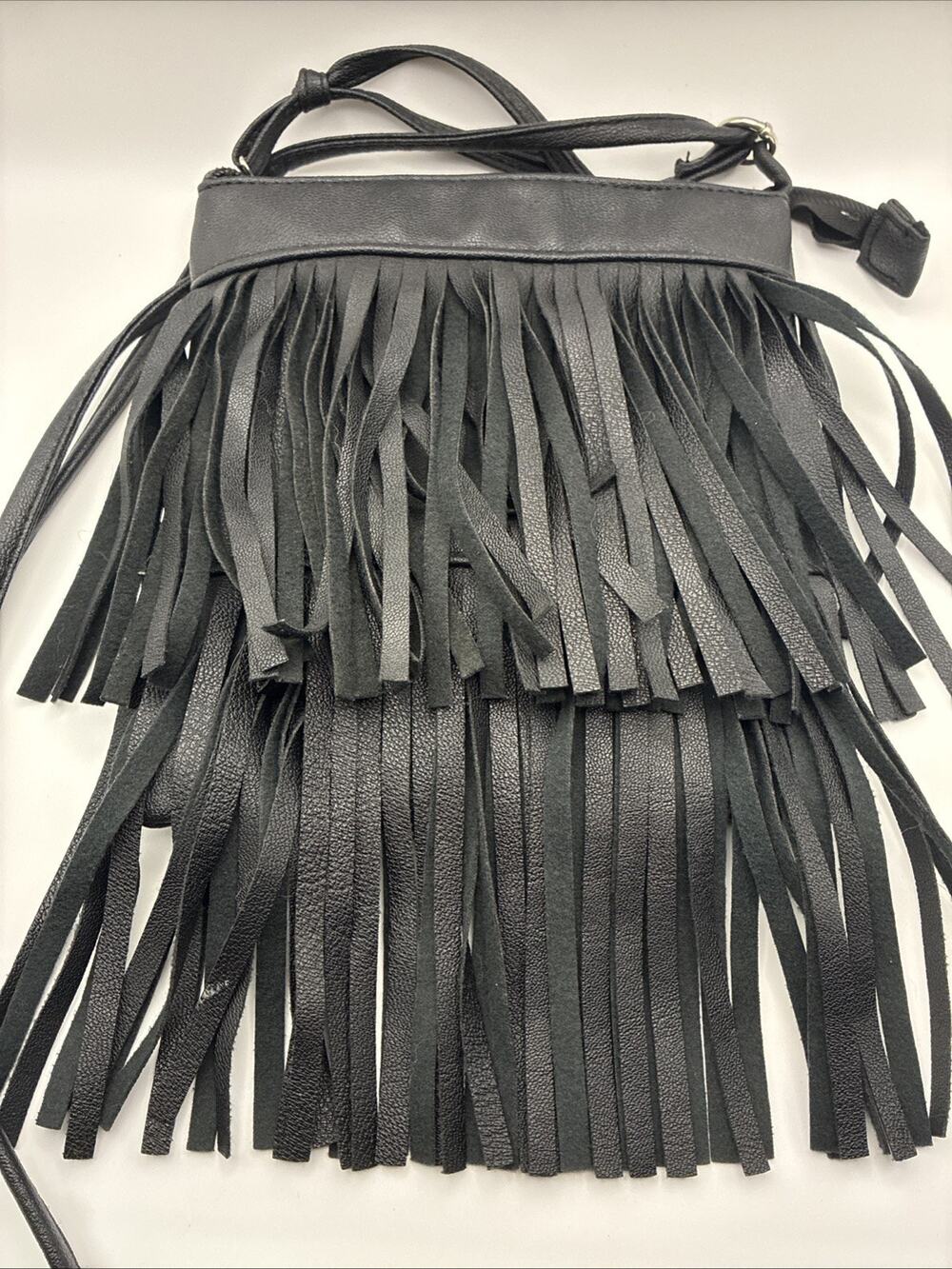 Bongo Black Fringe Purse Faux Leather W/ Adjustable Strap Country Cow Girl